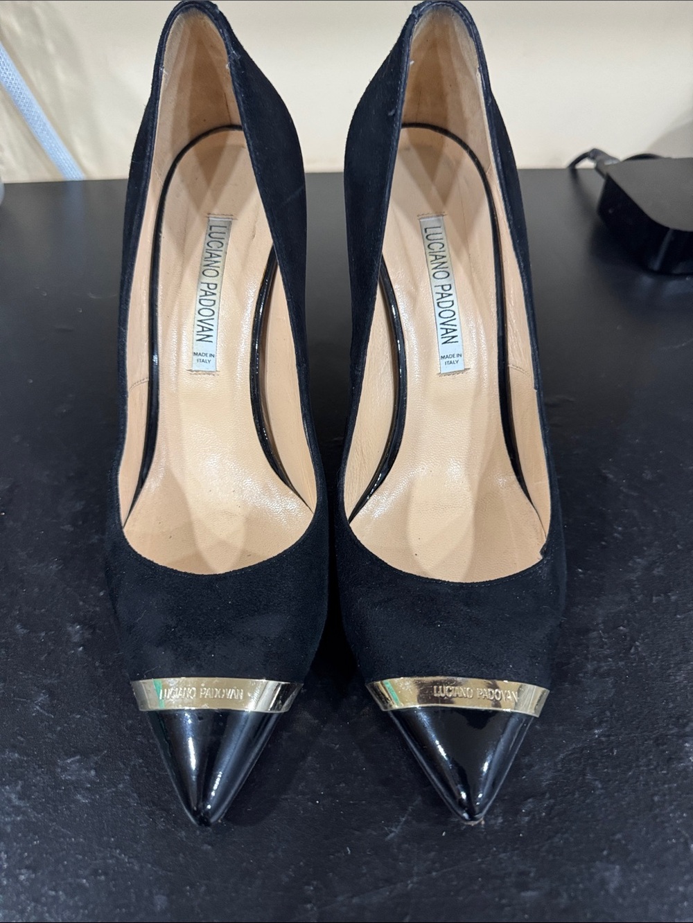 Charles & Keith Black Pointed Toe Pumps with Gold Trim